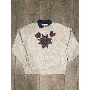 Vintage Jerzees Womens Gray Plaid Heart Star‎ Sweatshirt Crewneck Pullover XL